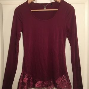 BKE Boutique burgundy blouse with shimmery lace trims
